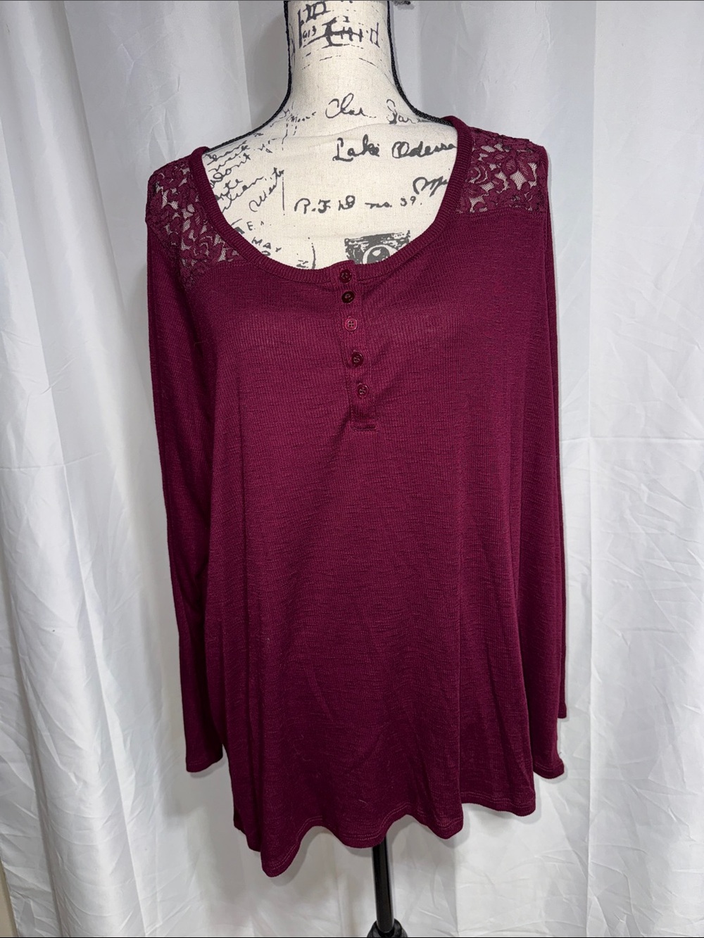 torrid Lace-Yoke Henley Long Sleeve Top in Burgundy